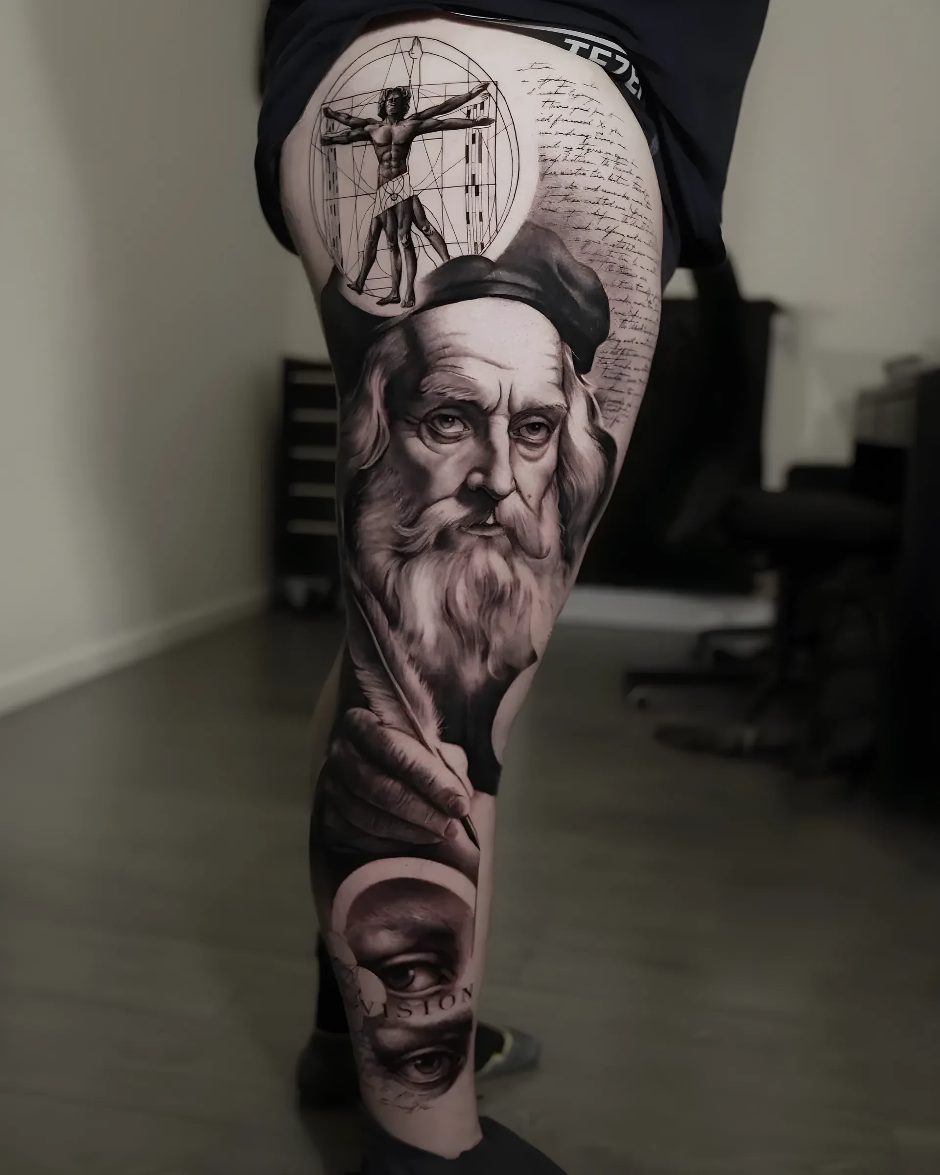 Elder portrait realism leg tattoo