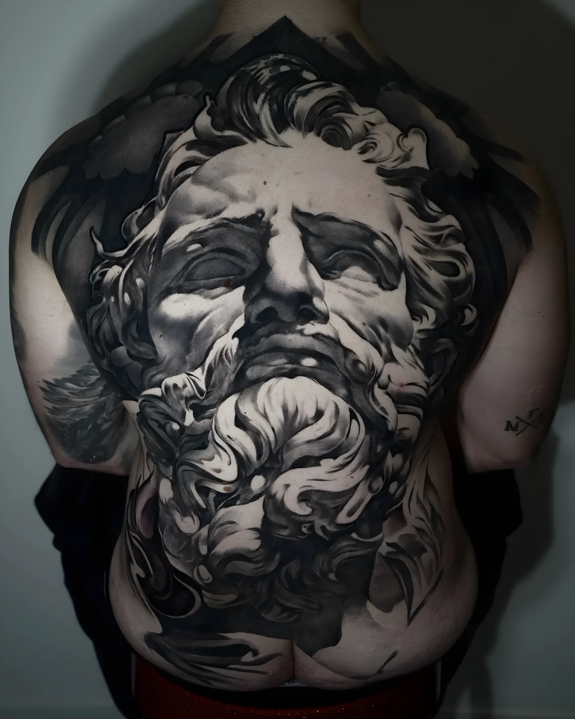 Greek statue back piece, black and grey portrait realism by Federico Galliani